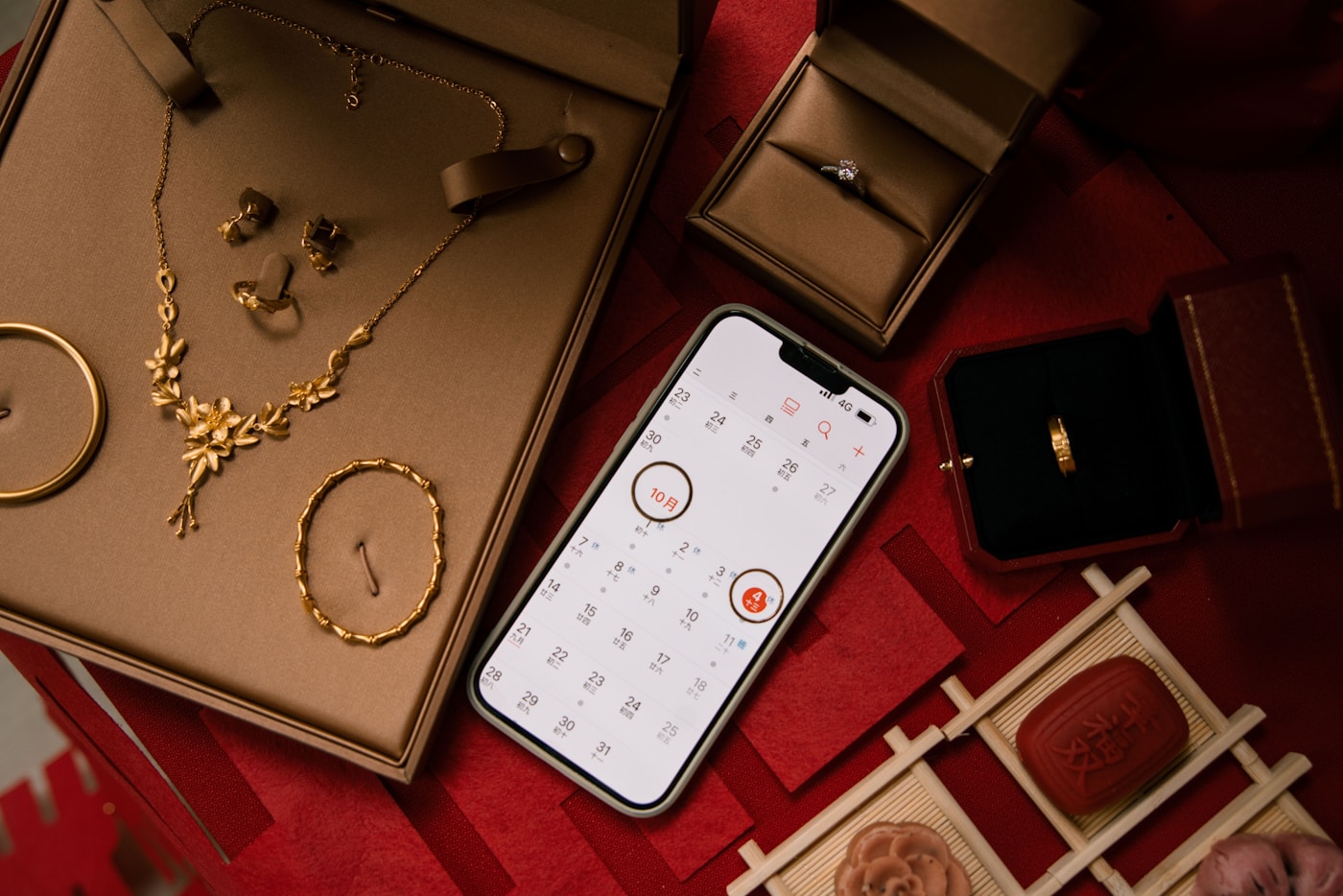 Gold rings and jewelry in a display box